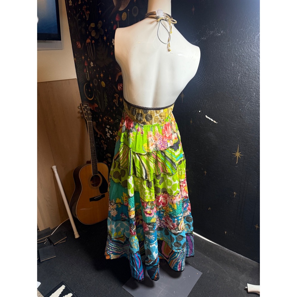 Boho Patchwork Floral Tiered Maxi Dress Halter Neck Multi-Color Summer Festival - Picture 3 of 6